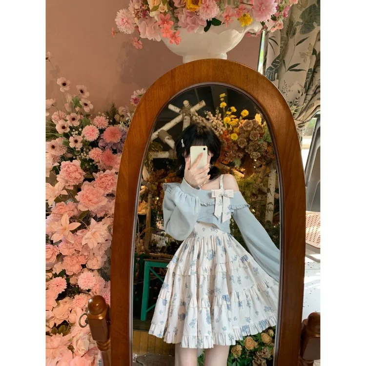 Early Autumn New Sweet Floral Camisole Dress for Women+ Skew Collar Off Shoulder Long Sleeve Tops Mujer Y2k Two Piece Sets