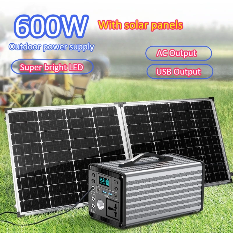 باور بانك محمول 600 وات مزود طاقة متنقل بقدرة 560 وات في الساعة مع ألواح شمسية مع قابس تيار متردد وبنك طاقة متنقل للتخييم والصيد في حالات الطوارئ