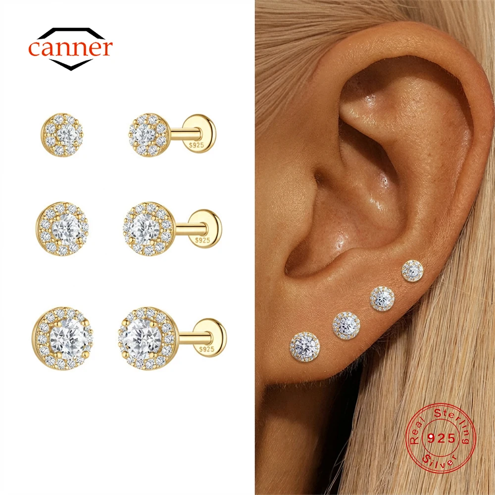 CANNER 1 PC 925 Sterling Silver Luxury Sparkling Moissanite Flat Back Piercing Ear Bone Studs For Women Simple Earrings Gift