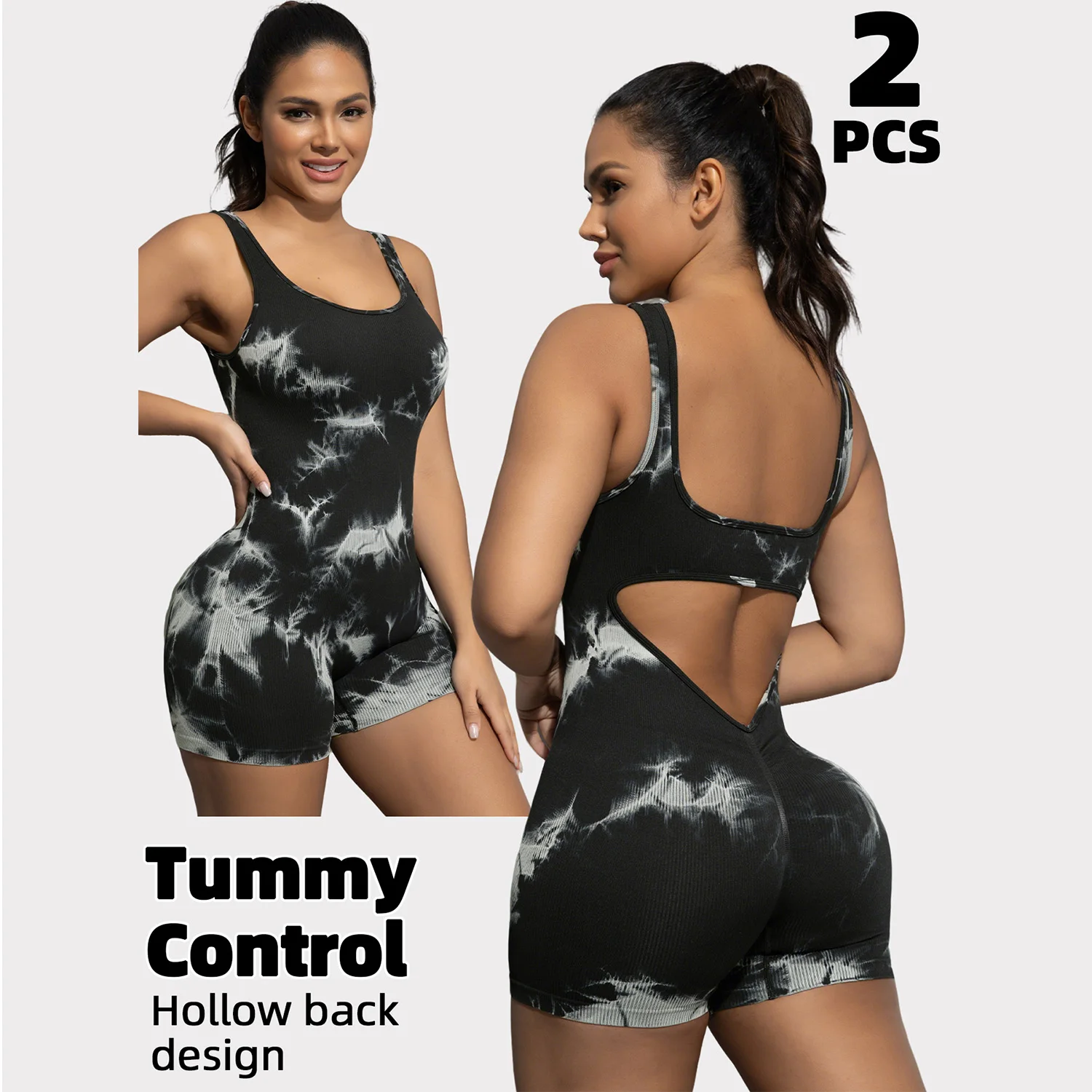 

Women Tie-Dye Sexy Back Hollow Sleeveless Yoga One Piece Shorts Streetwear Rompers Gym Casual Sportswear Fashion Jumpsuit