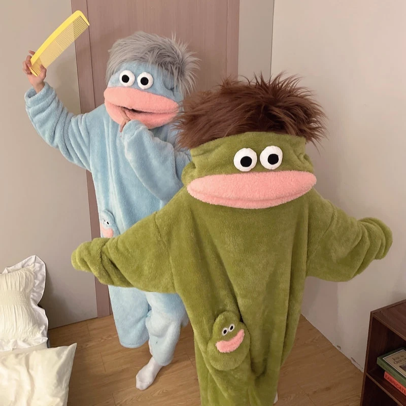 

One Piece Pajamas Winter Thickened Coral Fleece Ugly Cute Big Mouth Monster Hood With Hair Loungewear Ugly Fish For Adults Green