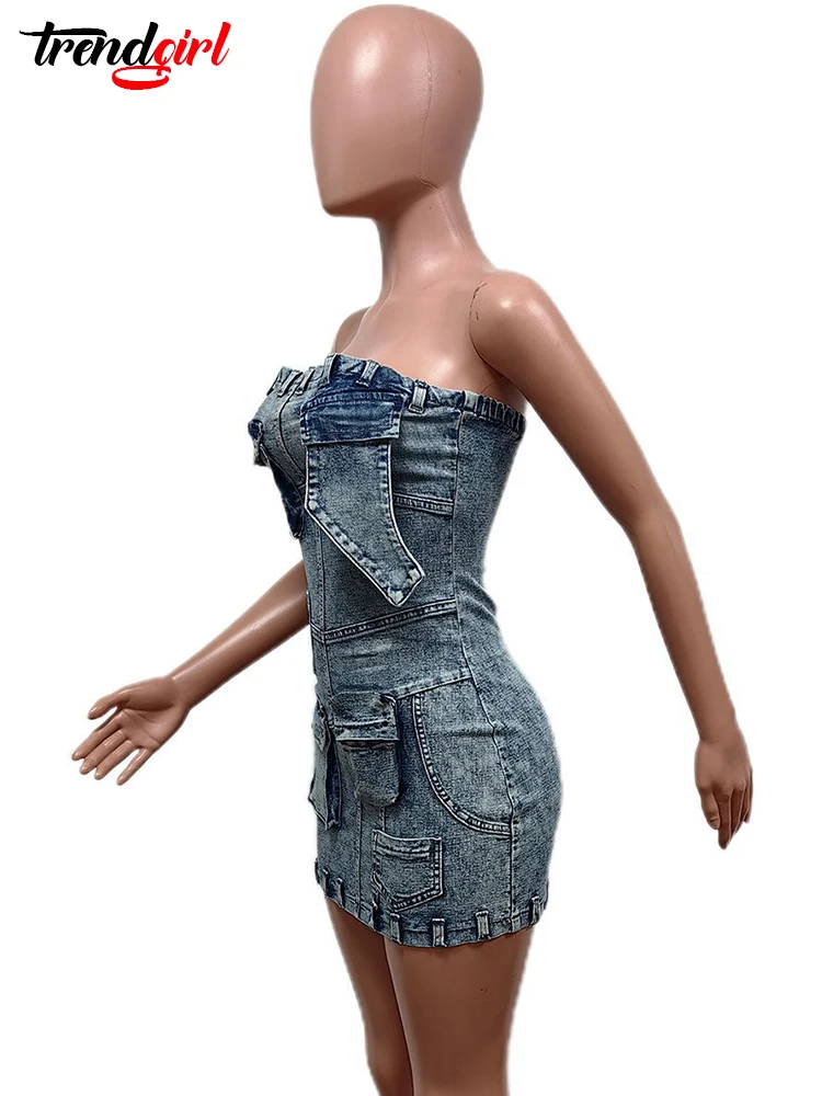 Mlaiscsr sexy jean estiramento mini vestido feminino streetwear sem alças uma peça bolso bodycon denim aniversário noite clube vestidos