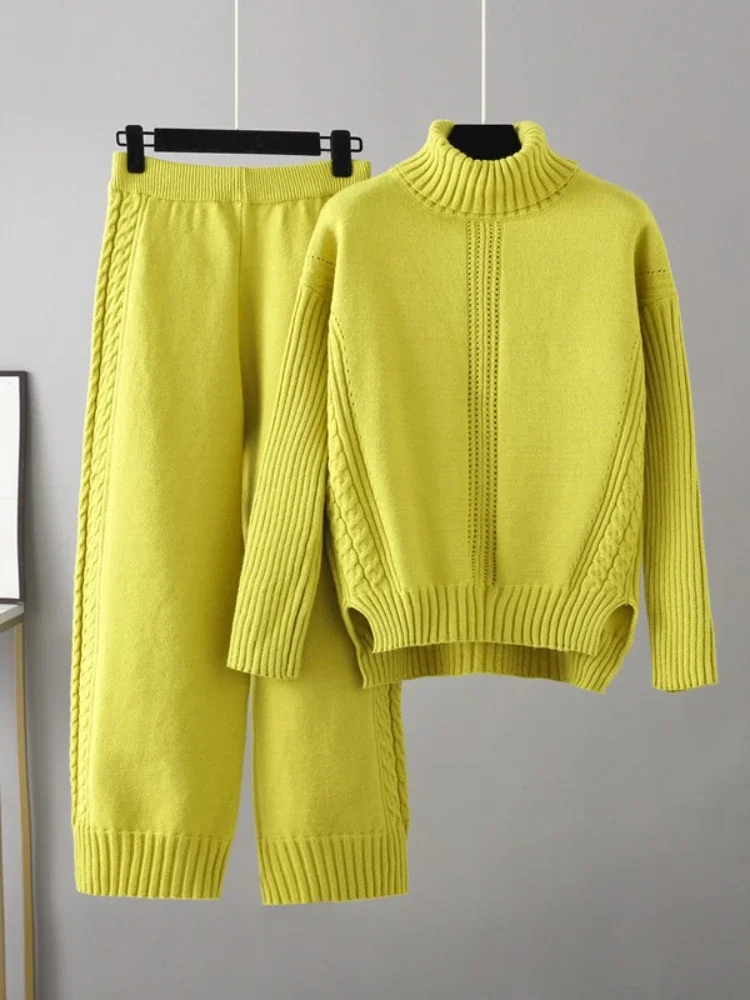 Damen 2-teiliges Set aus Rollkragenpullover und Mantel, Lässige Weite Hose mit Elastischem Bund, Herbst-Winter-Outfit – Detail 9