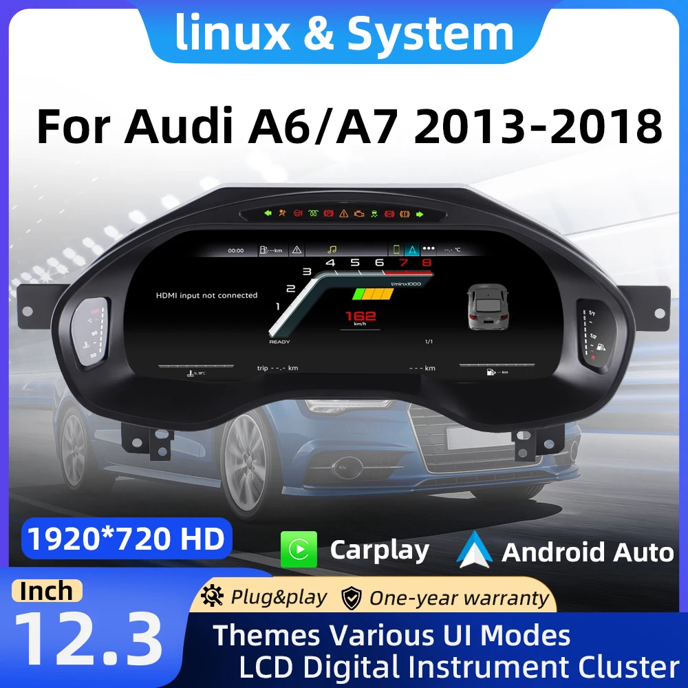 Digitales Kombiinstrument für Audi A6 A7 2013-2018 CarPlay Android Auto Tachometer, Armaturenbrett, Anzeige, 12,3 HD Virtuelles Cockpit