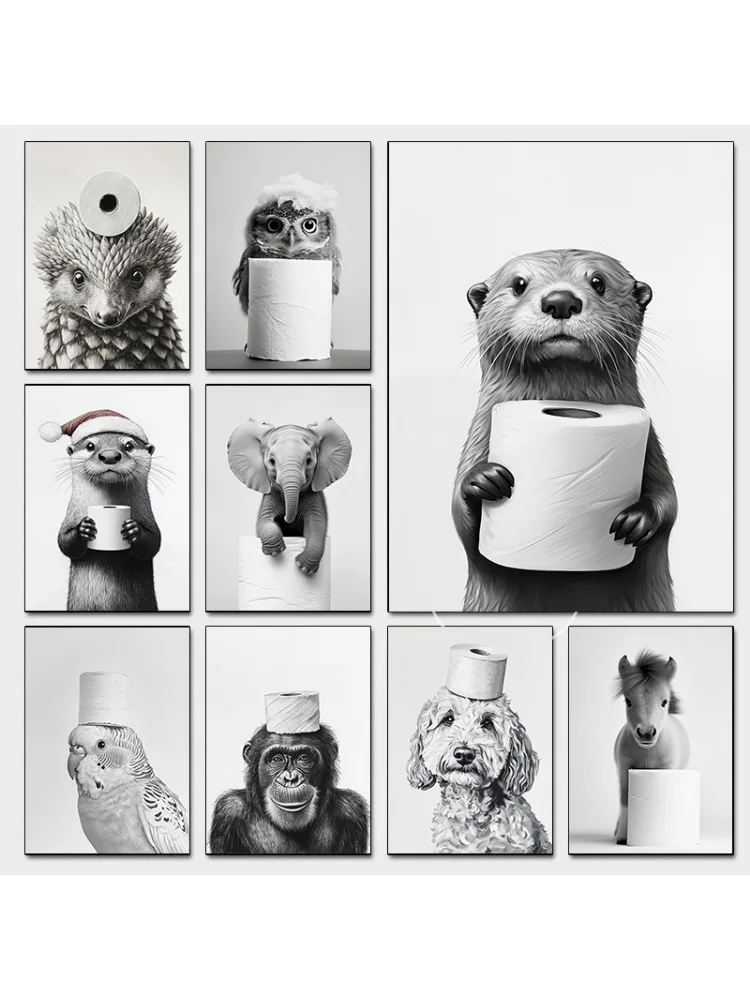 Affiche de salle de bain en forme d'animal noir et blanc, hibou, compte à rebours de noël, loutre imprimée, peinture sur toile, tableau d'art mural, décor de salle de bain à domicile