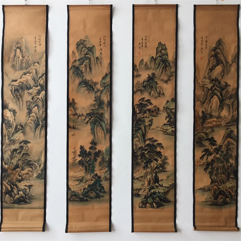 

Chinese Ancient Paper Calligraphy Paintings Scrolls Poems Tang Yin's landscape Four Map Art Decorative Wall Hanging