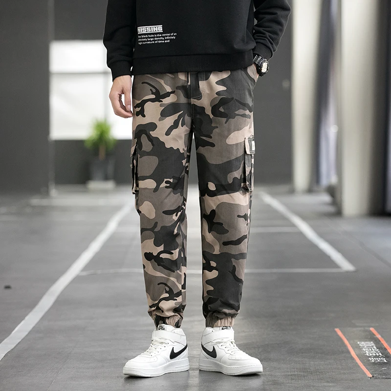 Spring Autumn Men's Clothing Casual Elastic High Waisted Pockets Geometric Camouflage Bloomers Cargo Harem Contrast Color Pants