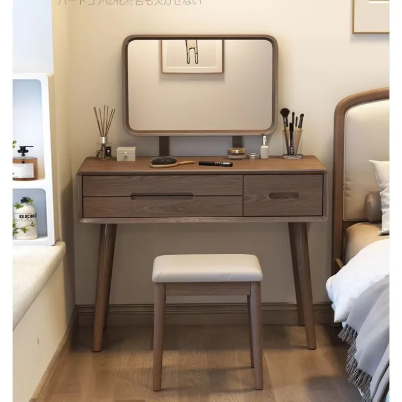 

Nordic Simple Bedroom with Mirror Original Wood Color Makeup Table Full Solid Dresser