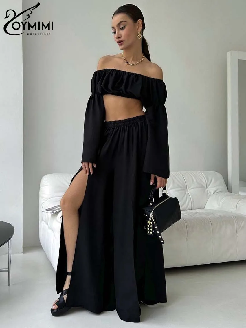 

Oymimi Elegant Black Pleated 2 Piece Sets Women Outfit Fashion Strapless Long Sleeve Crop Tops + High Waist Side Slit Skirts Set