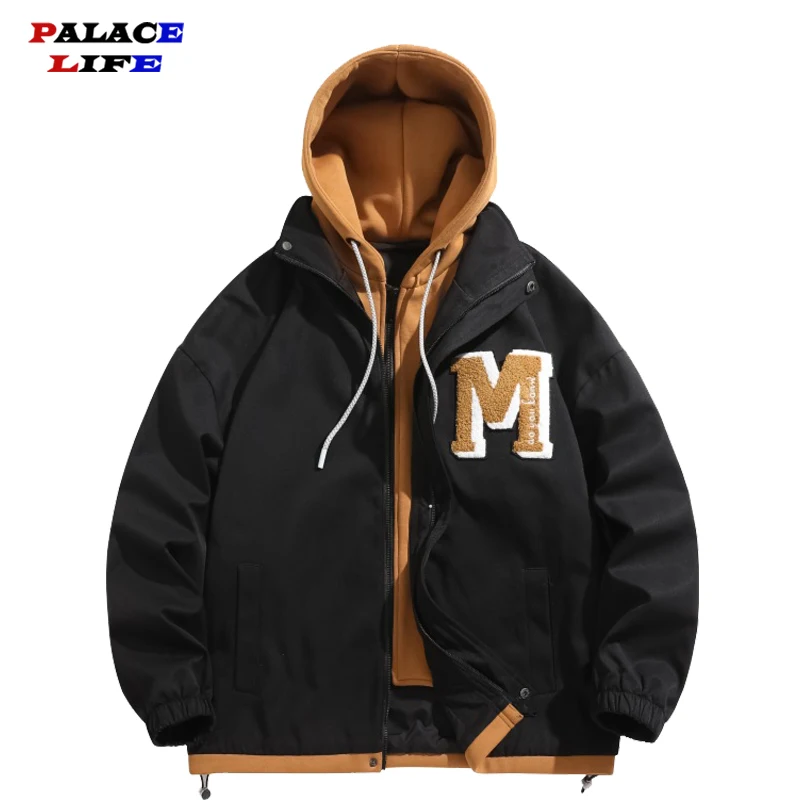 

New College Style Hooded Jackets Men Fashion Autumn Retro Male Streetwear Fake Two Windbreaker All-match Hip Hop Embroidery Coat