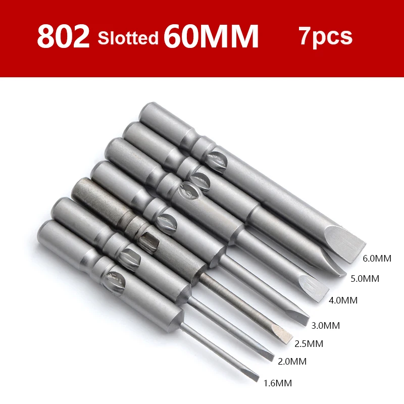 

7pcs/lot 1.6mm-6mm S2 Alloy Steel Magnetic Flat Head Slotted Screwdrivers Bits 802 6mm Round Shank 60MM SL1.6-SL6 hand tools