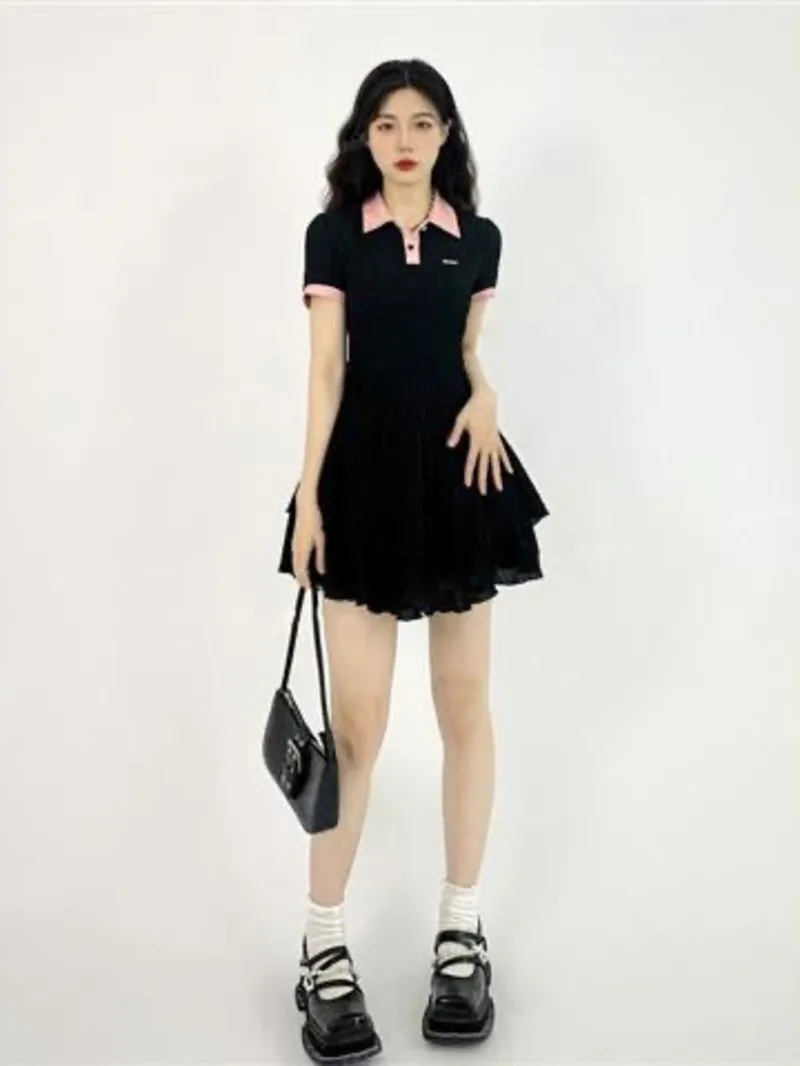 Spicy girl contrasting polo dress for women in summer with a niche design sense. Slim waisted shirt skirt bow short skirt W03U