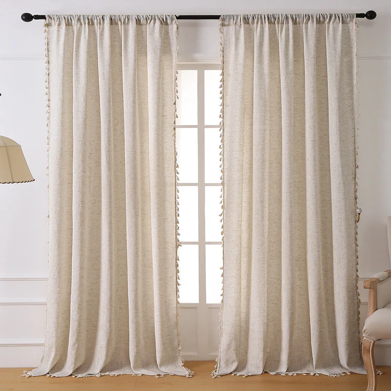 Linen Textured Curtain for Living Room with Tassels Rod Pocket Light Filtering Semi Sheer Window Curtain Drapes for Bedroom Home