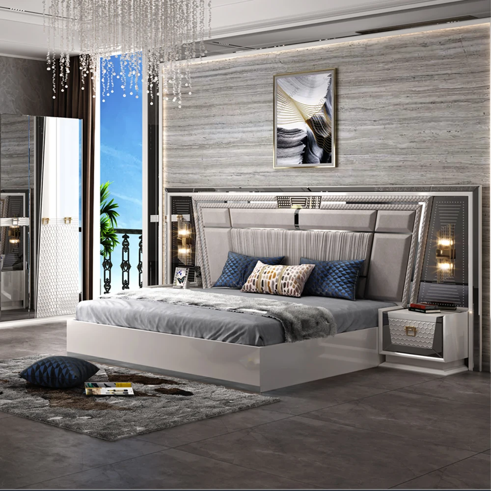 

9015 Новейший современный комплект мебели для спальни отеля, комплект двуспальной кровати с выдвижным шкафом и столиком для макияжа, набор из 5 предметов для дома