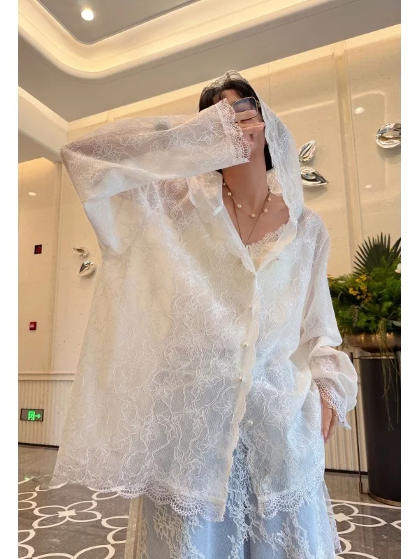 

Lolita Sle Lace Design Hooded Open Cardigan plus Size Micro Plump Women's irt Nylon Cotton Blend Long Sve V-Ne Casual