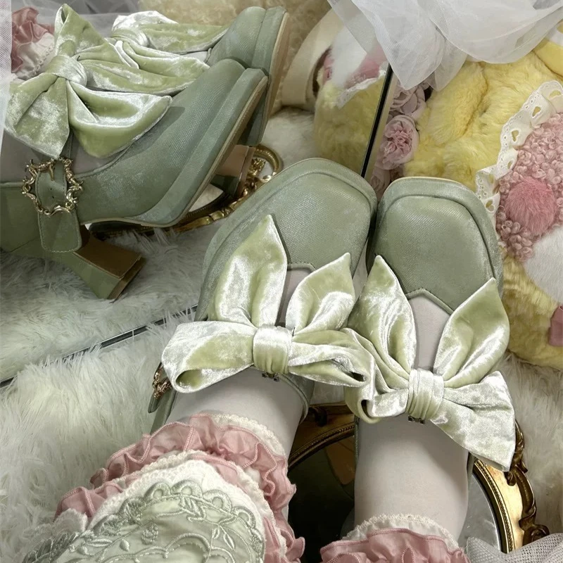 Original Elegant Cla Tie Lo Shoes Women's Lolita Bow Shoes High Heels Shoe Ladies Royal Girl Style Daily Sweet Wind Single Shoes