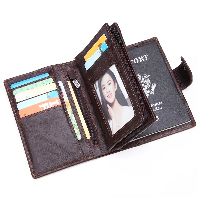 

Genuine Leather Passport Bag For Men's Handheld Wallet Multi Functional Document Coin Purse Large Capacity Card Holde