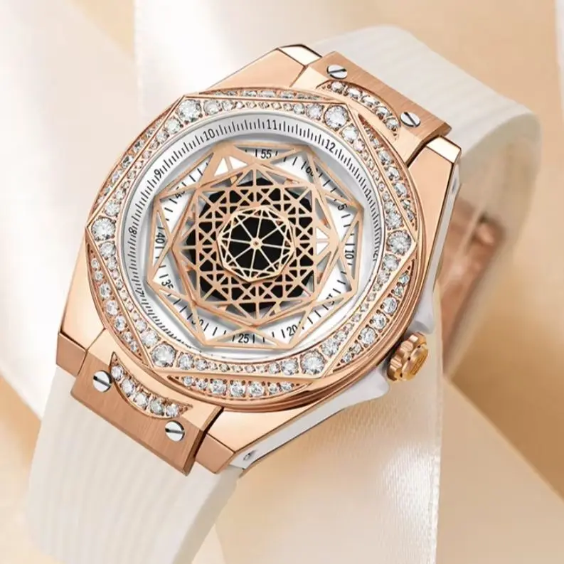 Hanbro Women Quartz Watch 36mm Ladies Wristwatch Luminous 50m Waterproof Sapphire Mirror Silicone Strap Wormhole Dial