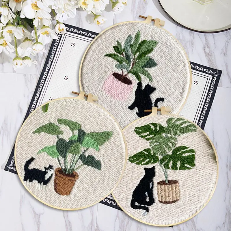 

Punch Needle Embroidery Starter Kits Themed Green Tree Black Cat Pattern Needle Kits Beginners for Craft Lover Home Decor