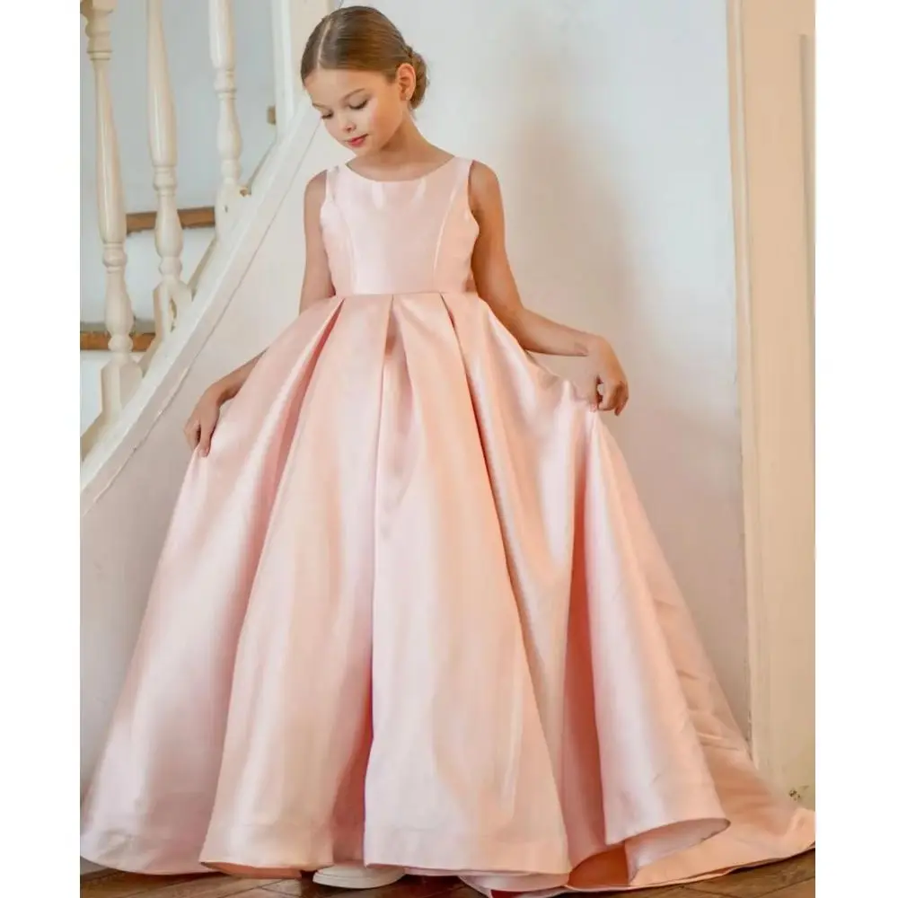 

Customized Flower Girl Dresses Pink Satin With Bow And Trailing Sleeveless For Wedding Birthday Party Prom Banquet Princess Gown