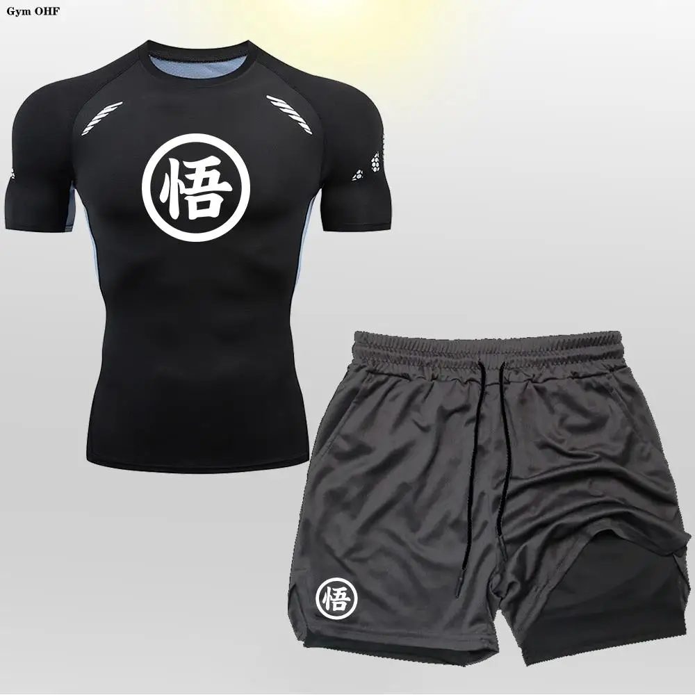

Men's Compression Sportswear Suit Gym Short Sleeved T-Shirt Sports Set Goku 2Pcs Workout Jogging Shorts 2 in 1 Fitness Tracksuit