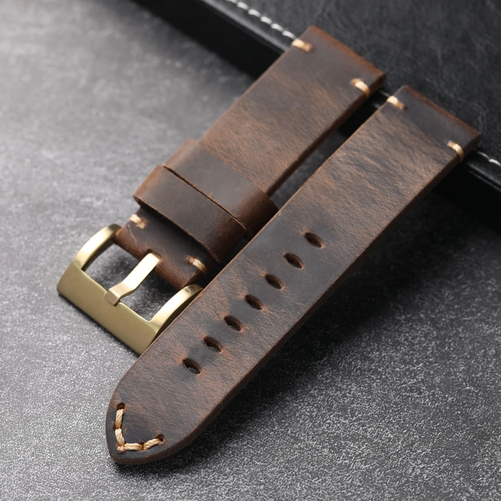 Make Old Brown Bronze Watch Strap 20 21 22 23 24 26MM Brown Thickened Men Head Layer Cowhine Bracelet Retro Style Pure Coppe