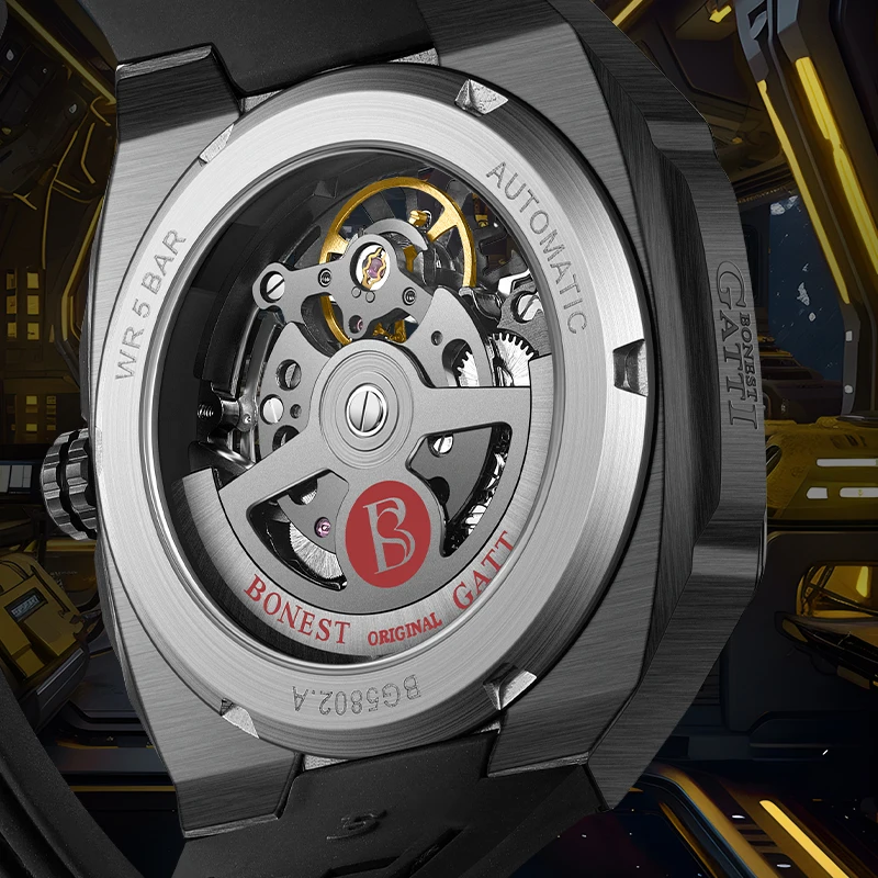 BONEST GATTI Men Automatic Watch Mechanical Wristwatch Rubber Strap Stainless Steel Watches For Men