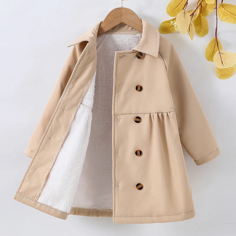 Girls Casual Fashion Double Breasted Fleece Windbreaker Children\'s Autumn and Winter Coat