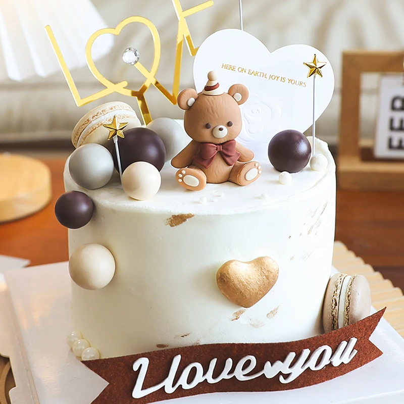 Bear Cake Toppers Birthday Cake Decoration Rubber Bear Figure Foam Balls Cupcake Toppers Baby Shower Teddy Bear Theme Party 1 PC