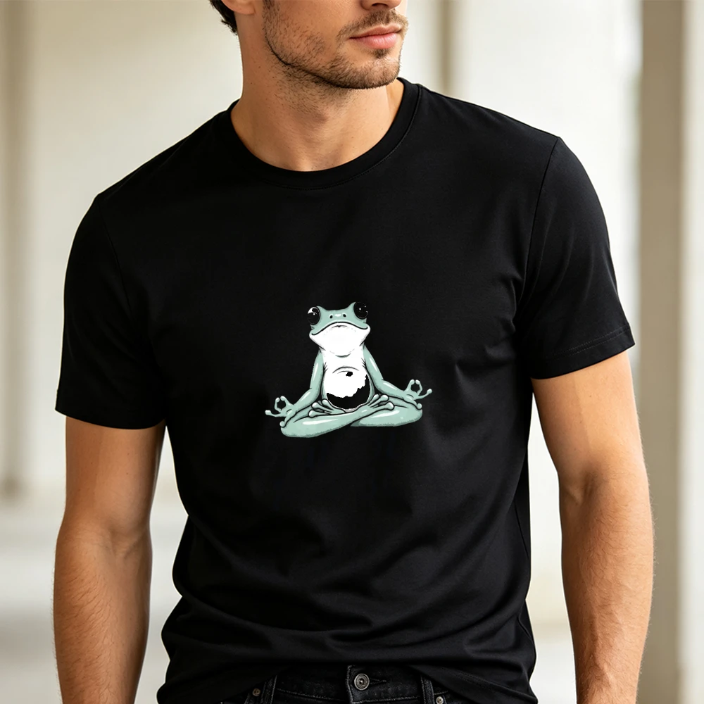 Zen Meditating Frog Yoga Peaceful Cartoon T Shirt Men Relaxed Spiritual Graphic Print Tee Black Summer Top