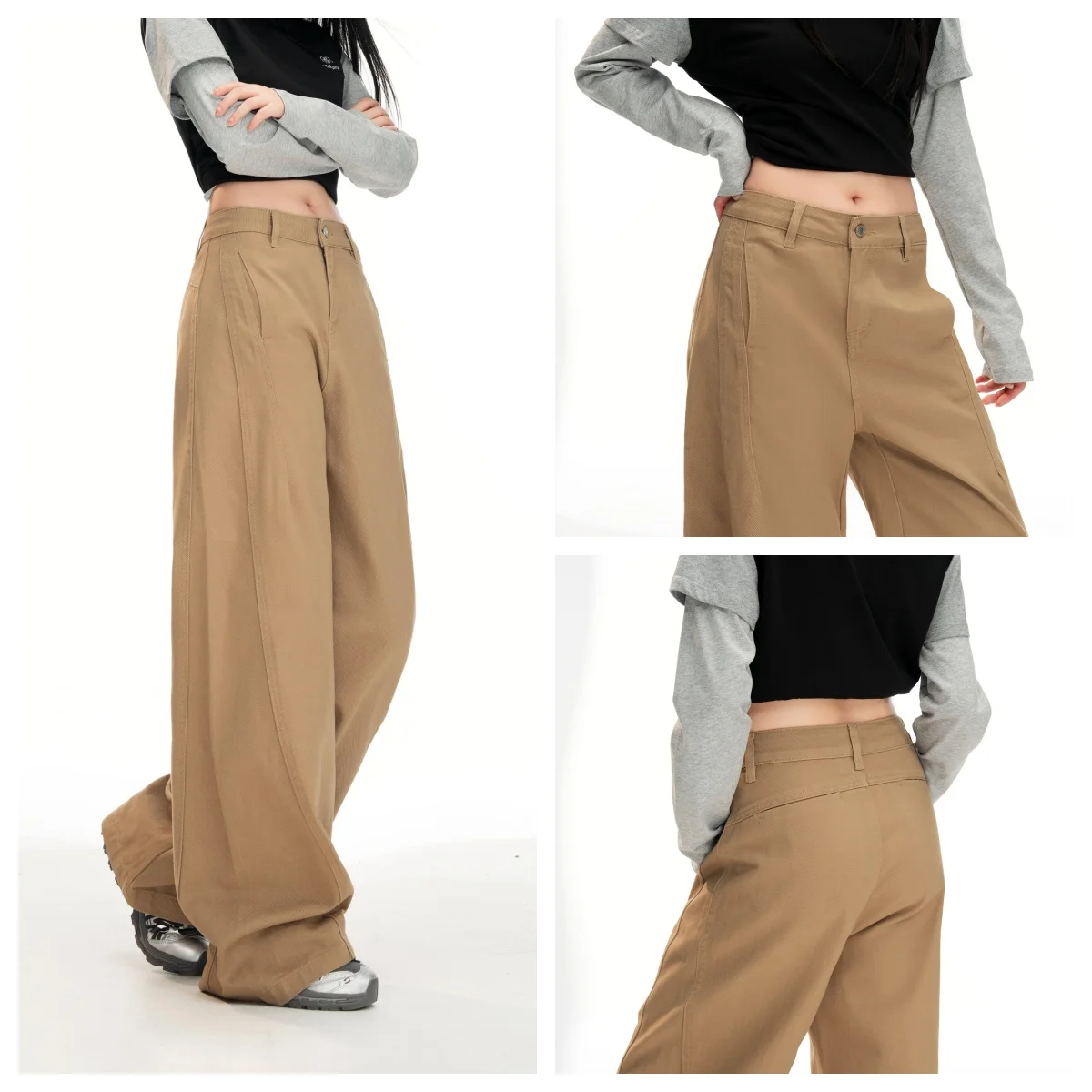 Khaki Women's Straight Leg Wide Leg Denim Pants Washed Vintage Casual Minimalist Straight-Leg Pants Autumn Loose Retro Trousers