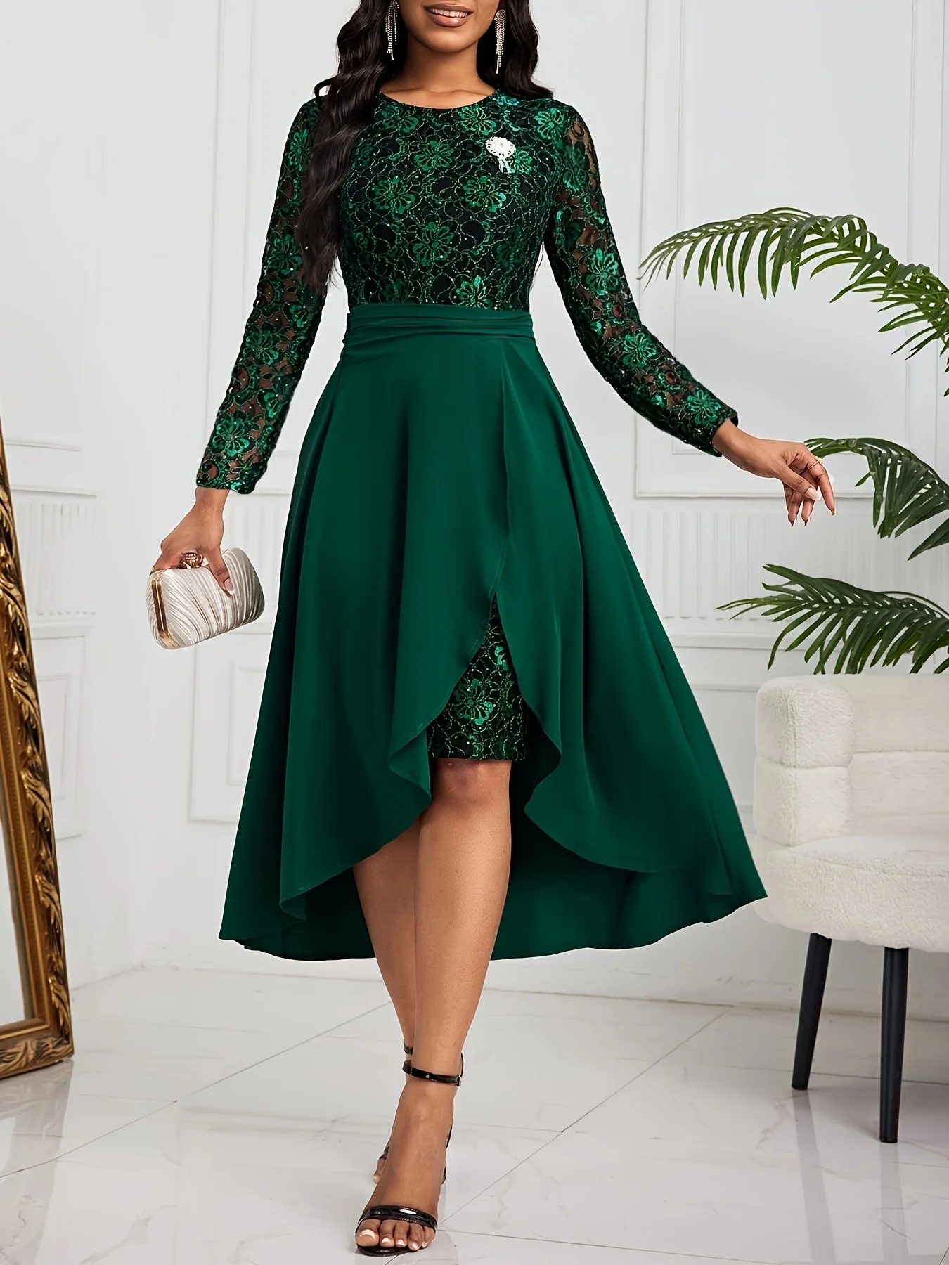 Conjunto de vestido de festa de lantejoulas de duas peças, elegante, saia de bainha baixa alta, cor sólida, roupas femininas, roupa formal para ocasiões especiais