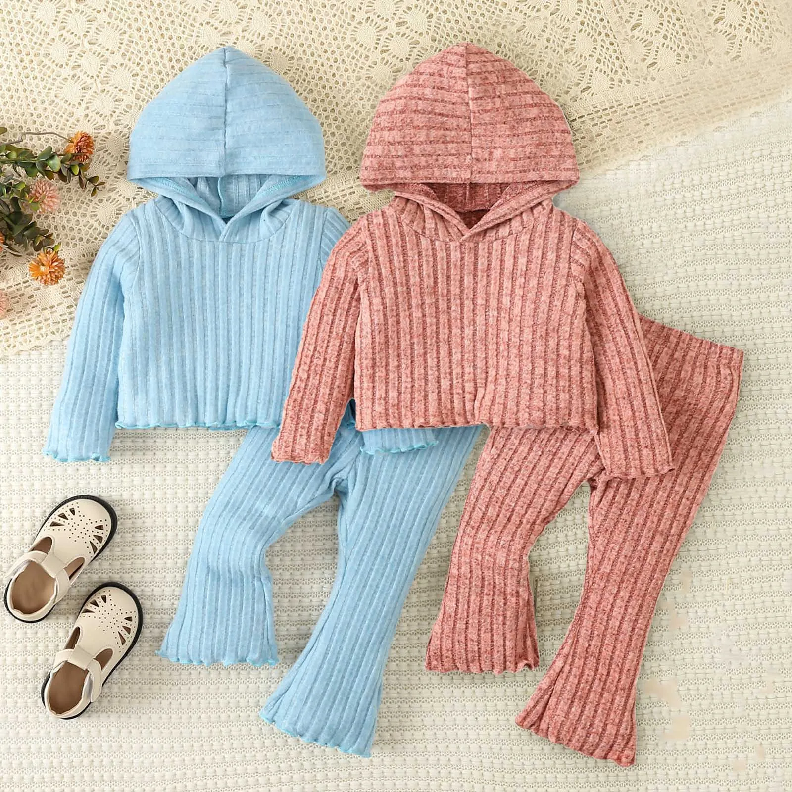 2pcs Children Clothing Sets Solid Color Long-sleeve Ribbed Hooded Tops+Pants Kids Boys Girls Winter Clothing Suits For 1-6 Years