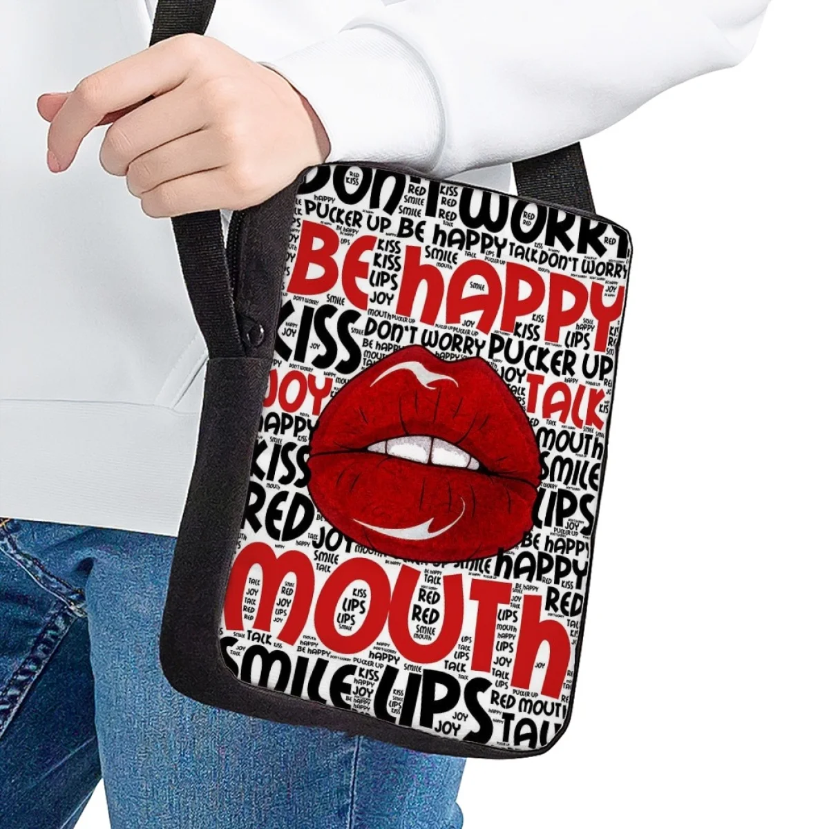 Jackherelook moda arte lábios graffiti saco do mensageiro para meninas pequena bolsa de ombro sacos crossbody casuais crianças sacos de escola