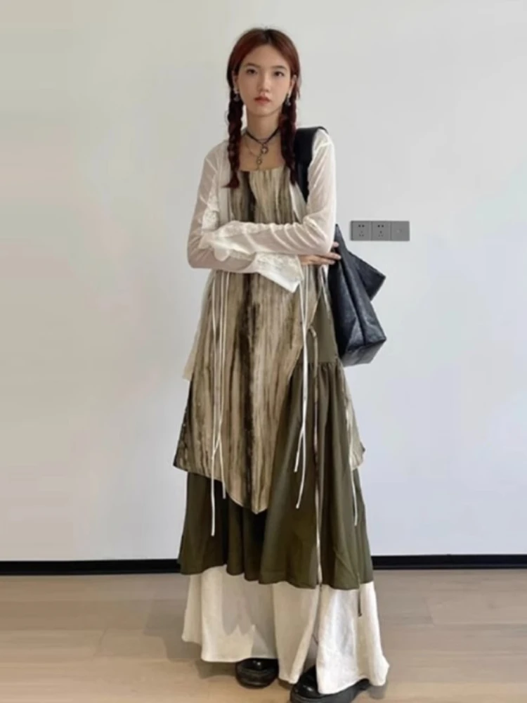 Retro tie dye em camadas cinta falso duas peças maxi vestido y2k feminino verão irregular retalhos saia solta magro boêmio vestido de praia