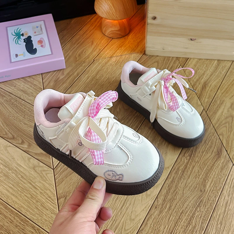 Girls Cute Cat Sneakers Kids Pink Plaid Bow Casual Shoes Lace-Up Non-Slip Walking Shoes Toddler/Little Girl Fashion Daily Wear