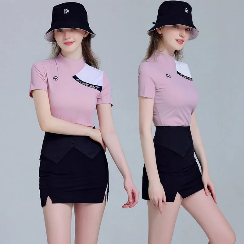 G-life Summer Lady Round Neck Anti-uv Golf Shirt Elastic Short Sleeve Tops Women Split Wrap Skirt with Inner Shorts Skorts Set