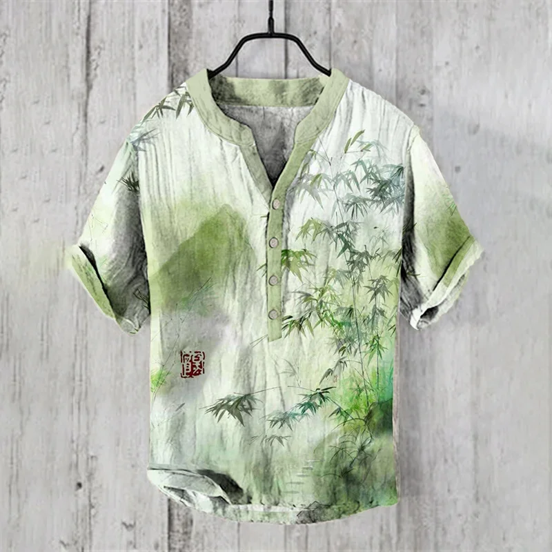 2024 New Men\'s Large Size Short Sleeve Hawaiian Shirt Bamboo Linen 3D Vintage Floral Print Casual Loose Pullover Button Shirt