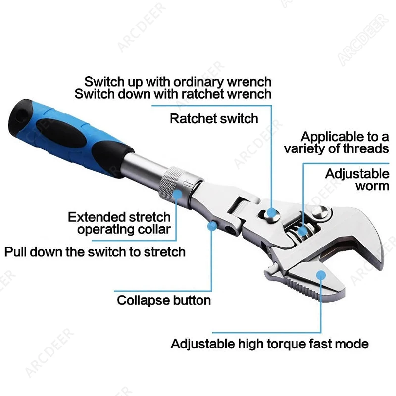 5in1 Adjustable Ratchet Wrench 180 Degree Folding Extendable Spanner Swivel Head Household Maintenance Pulley Wrench