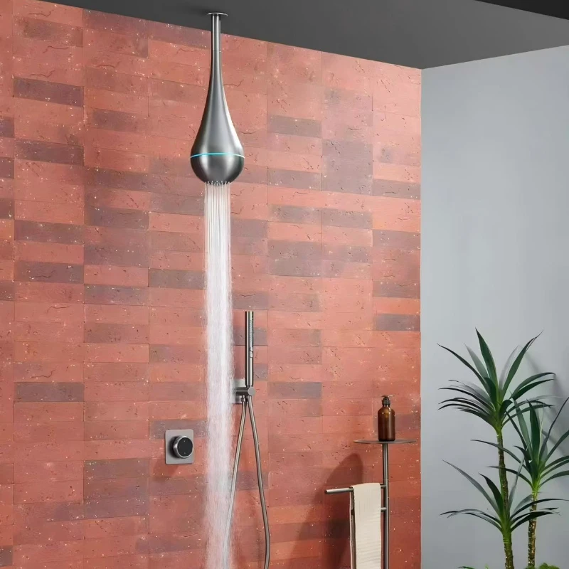 Multifunctional Rain Shower Head Set Gunmetal Brass Waterdrop Atmosphere Light Thermostatic Shower System