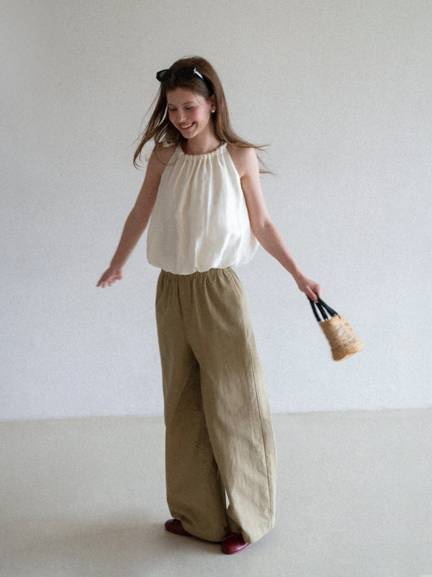 EGGKA Drawstring Strapless round Neck Flower Bud Hanging Neck Vest Women Summer Gentle Temperament Sleeveless Top
