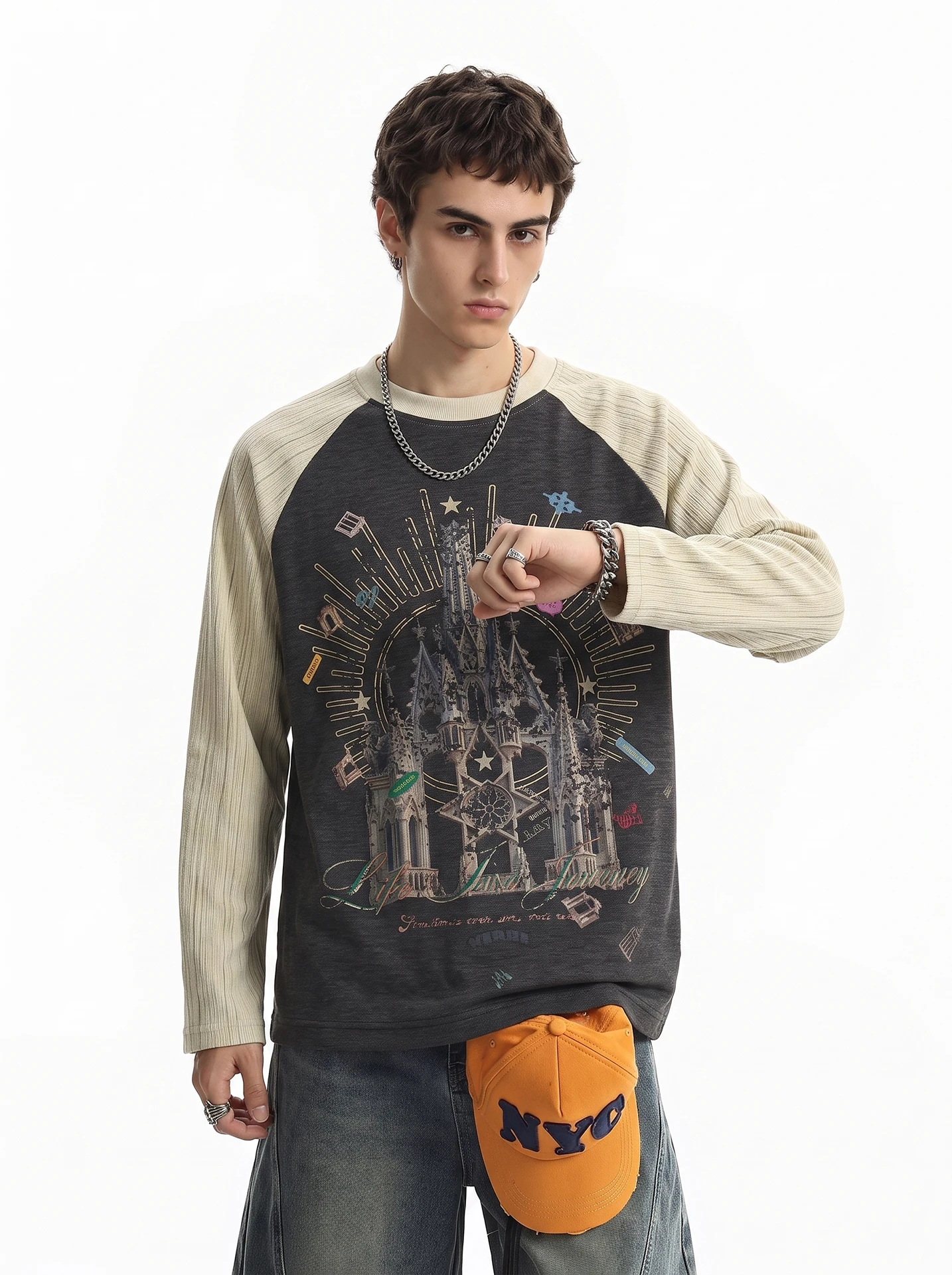 American High Street Castle Print Color Block Long Sleeve T-Shirt Men's Vintage Subculture Short Wide Top Youth Fashion