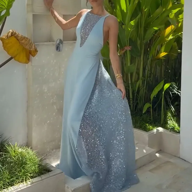 

Элегантное вечернее платье с пайетками и вставками, сексуальное, с открытыми плечами и спиной, длинное, повседневное, без рукавов, однотонное, для вечеринок