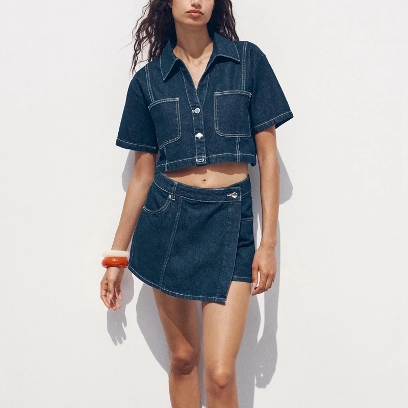 Feminino verão 2 peças y2k retro denim outfits conjunto lapela pescoço lapela botão para baixo camisa + assimétrico a linha saias de perna larga