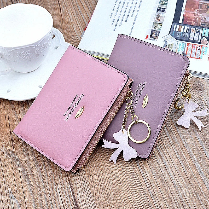 Women's Leaf Decoration Short Wallets PU Leather Buckle Zipper Card Holders Fashion Tassel Mini Clutch Female Small Coin Purses