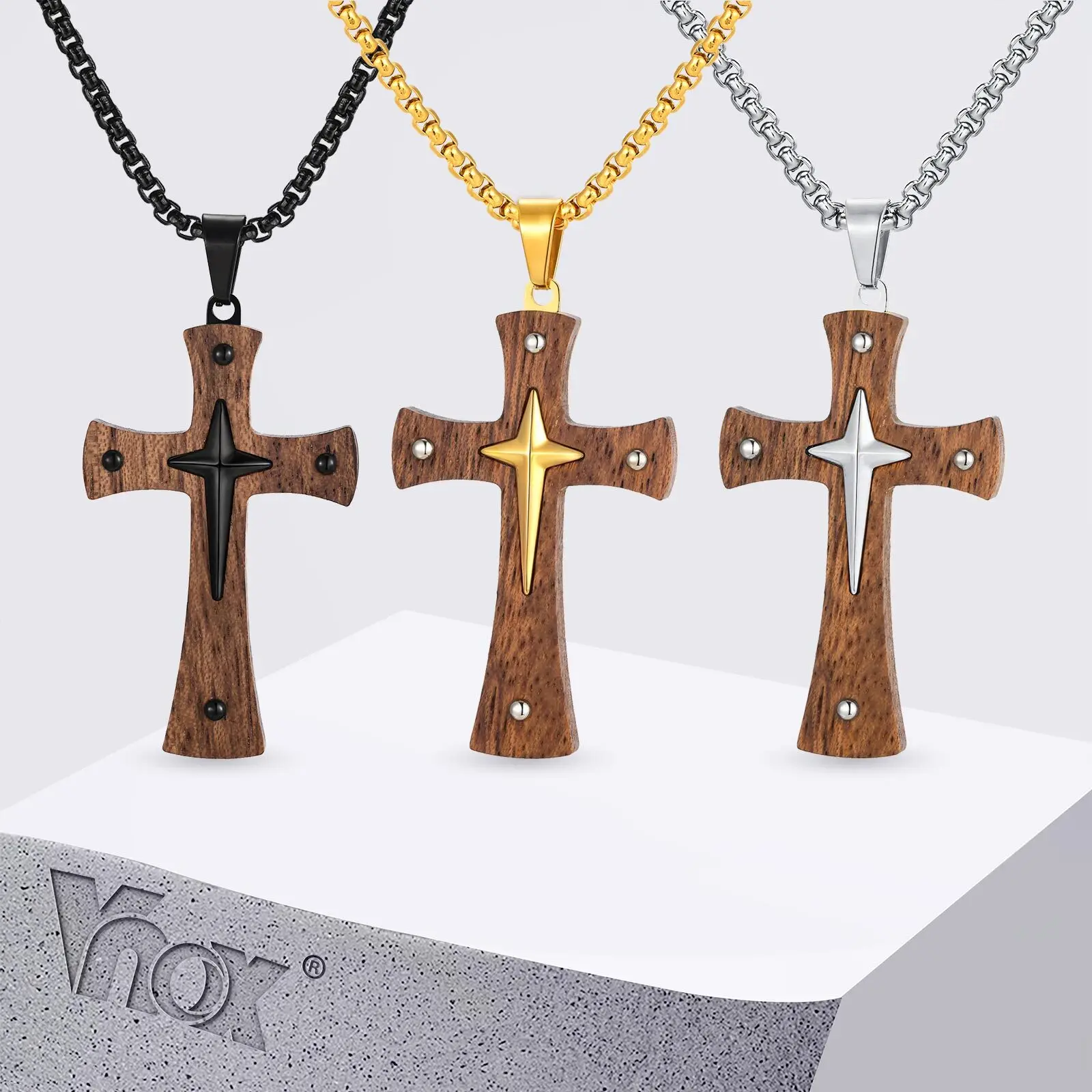 

Vnox ‌Bubinga Wood Cross Pendant with Stainless Steel Four-Pointed Star Necklace for Men, 31*52.6mm Cross Box Chain Necklaces