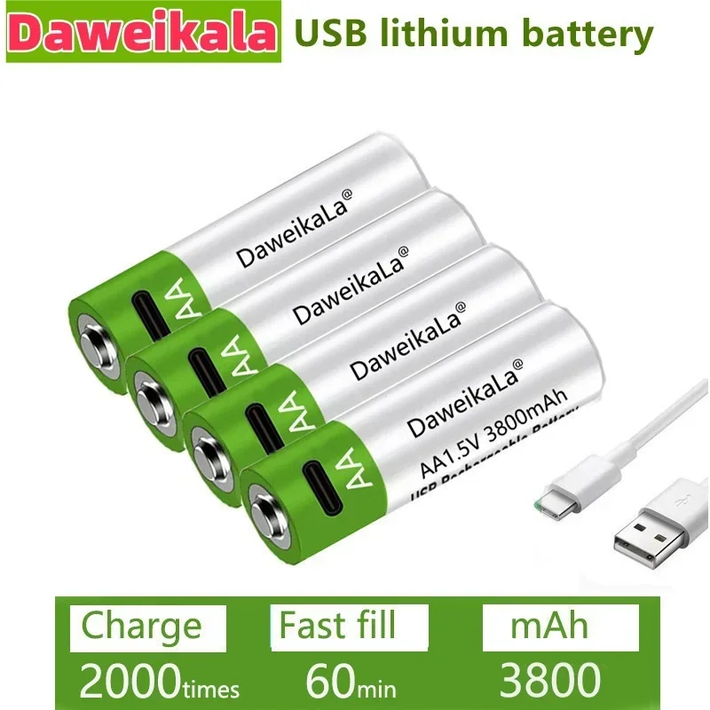 

2024 New 1.5V USB AA Rechargeable Battery 3800 mAh Li-ion Battery for Remote Control Mouse Electric Toy Battery + Type-C Cable