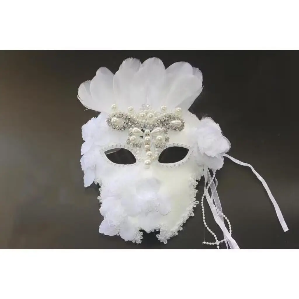 Venetian White Mask With Feather And Flowers For Men And Women