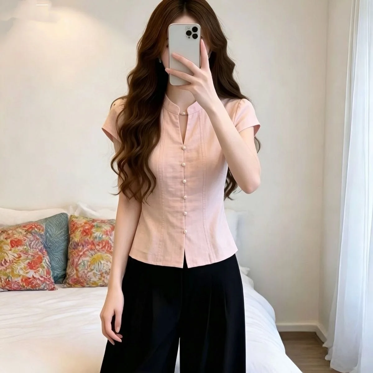 Retro Anti-Aging Pink Miniature Shirt Women Summer Waist-Cinching Design High-End Short Sleeve Top Fashionable Polyester Fiber