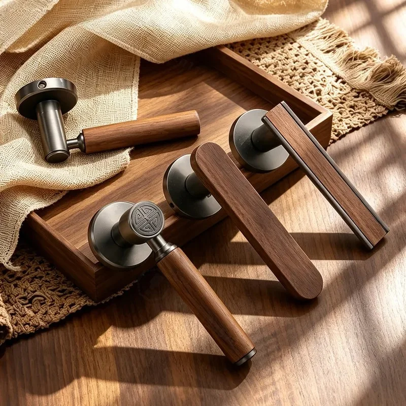 French Simple Indoor Bedroom Door Lock Universal Magnetic Silent Split Type Retro Walnut Handle